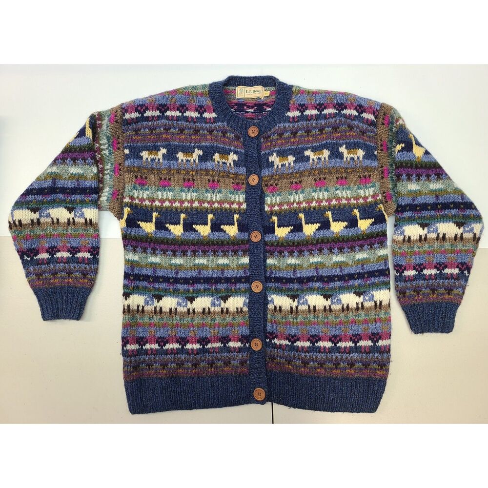 L.L. Bean Vintage 100% Wool Fair Isle Goose Animal Cardigan Sweater Blue M